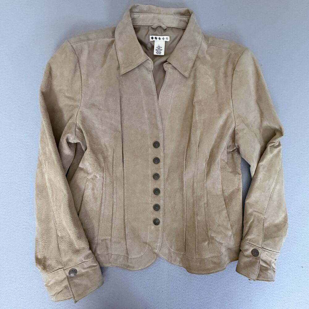 Bamboo Traders Tan Suede Leather Blazer Jacket Button Front Women’s L